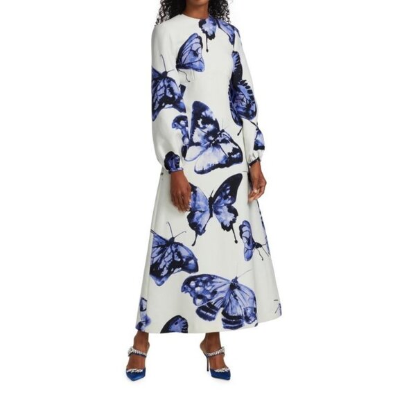Brandon Maxwell Butterfly Printed Long Sleeve Wool Maxi Dress NWT $2,390 Size 0 - Picture 1 of 9